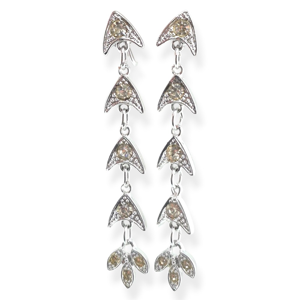 Sarah Coventry New York Earrings Vintage 70s Silver Tone Rhinestone Long Dangle